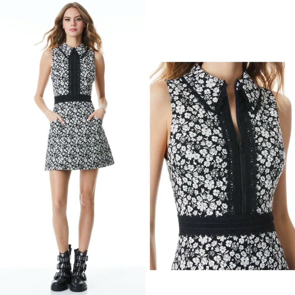 Alice + Olivia Ellis Zip Front Collared Dress Floral White Black Size US 8 - NEW